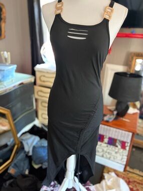 Black Asymmetrical Bodycon Dress with Gold Buckle Straps